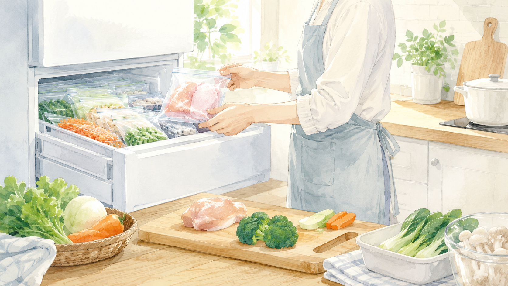 冷凍保存用に食材を小分けする様子