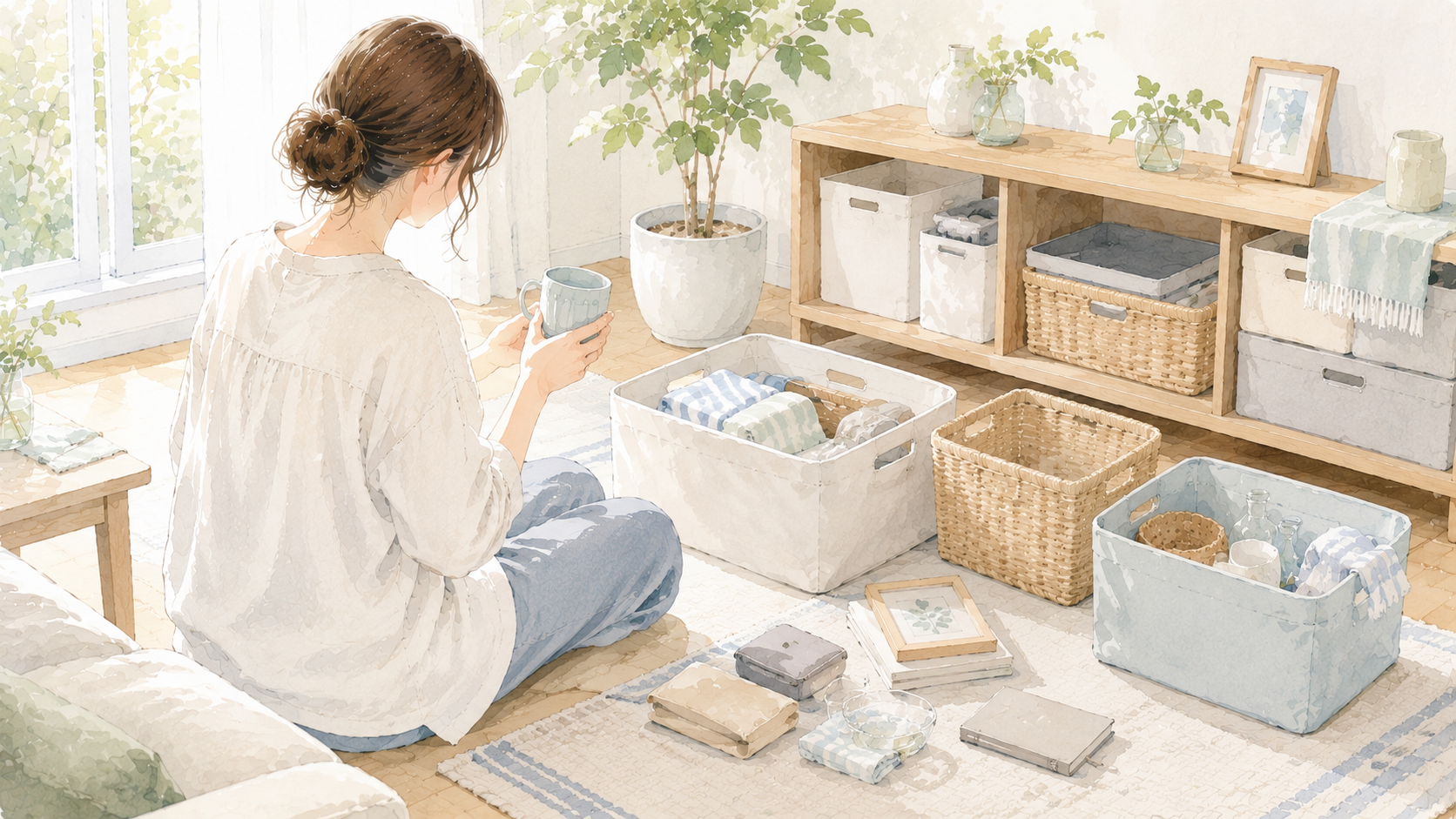 床やテーブルの物を一時置きに分ける