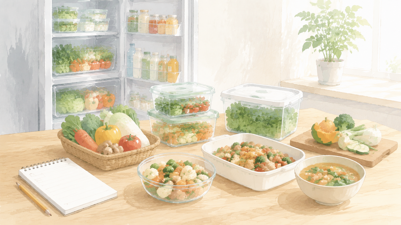 買い物メモを見ながら食品ロスを減らす方法を実践するイラスト