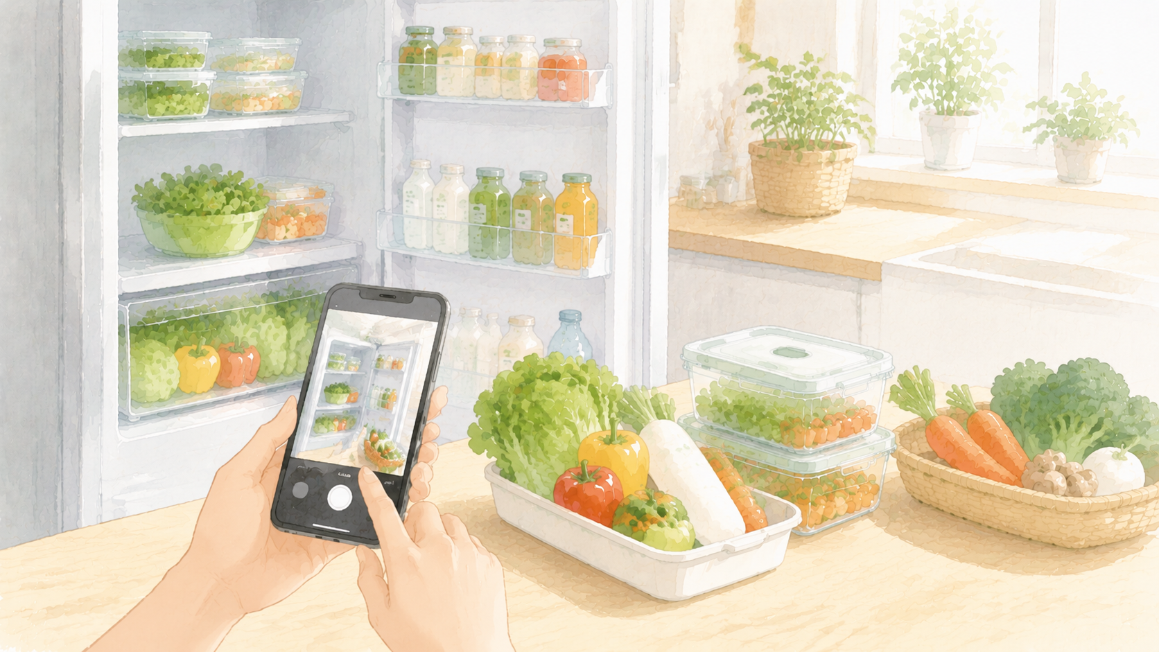 冷蔵庫の写真を撮って食品ロス削減を始めるイラスト