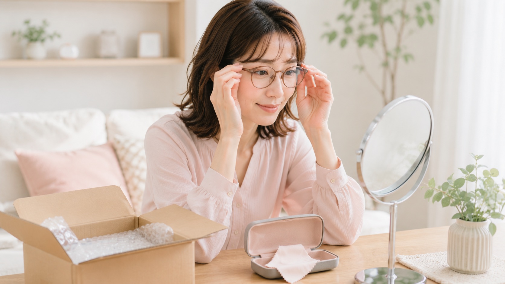 届いたメガネを開封してサイズを確認する女性