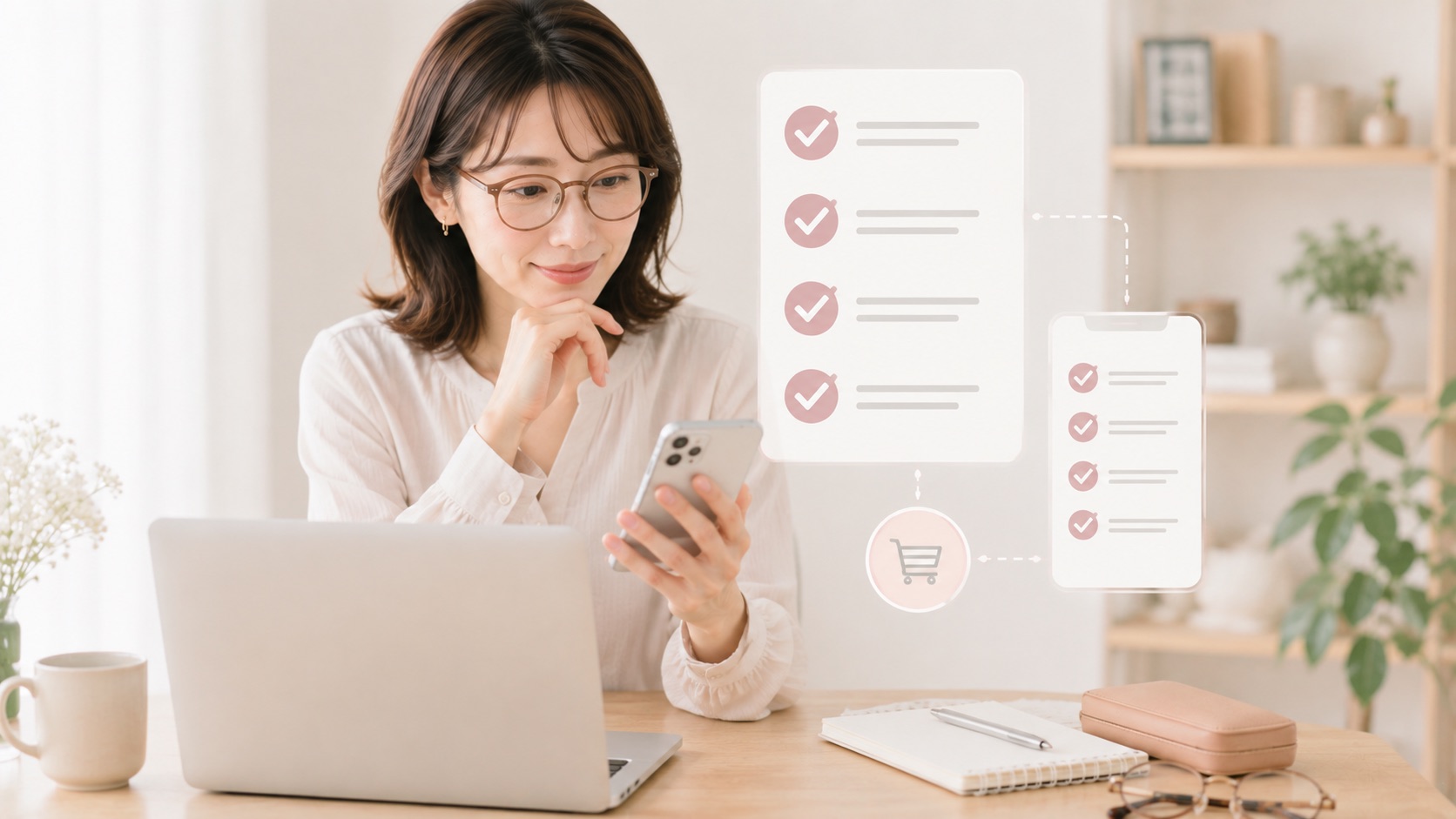 メガネ通販を利用する前のチェック項目を確認する女性