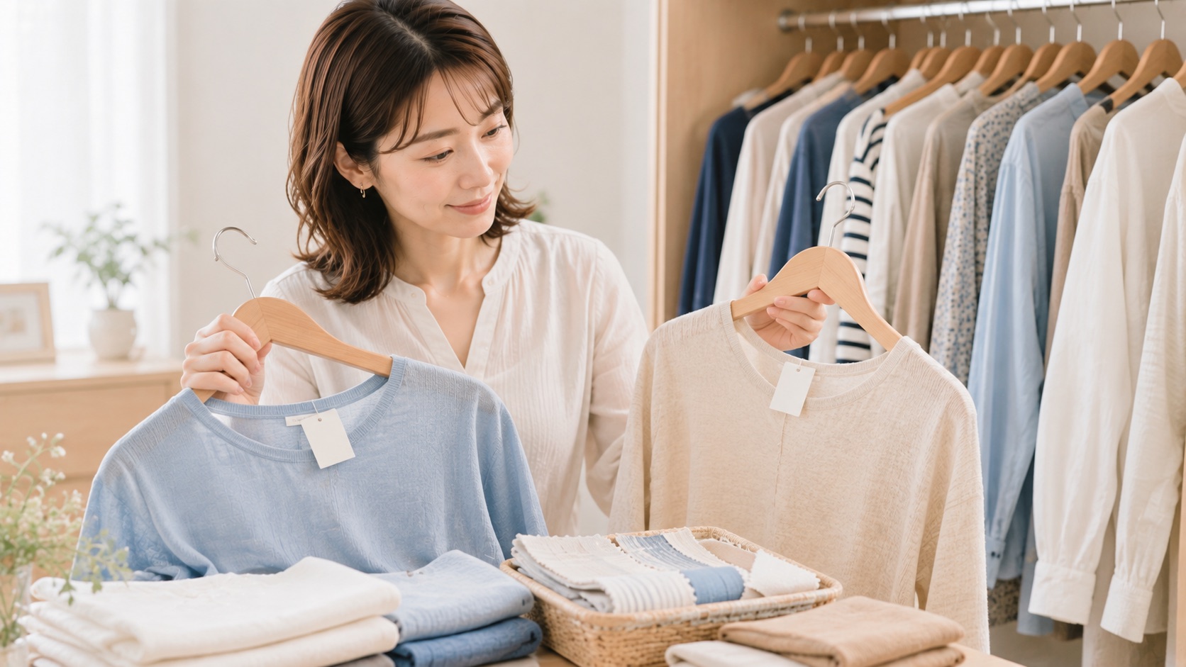 夏から秋の服の素材タグを確認する女性