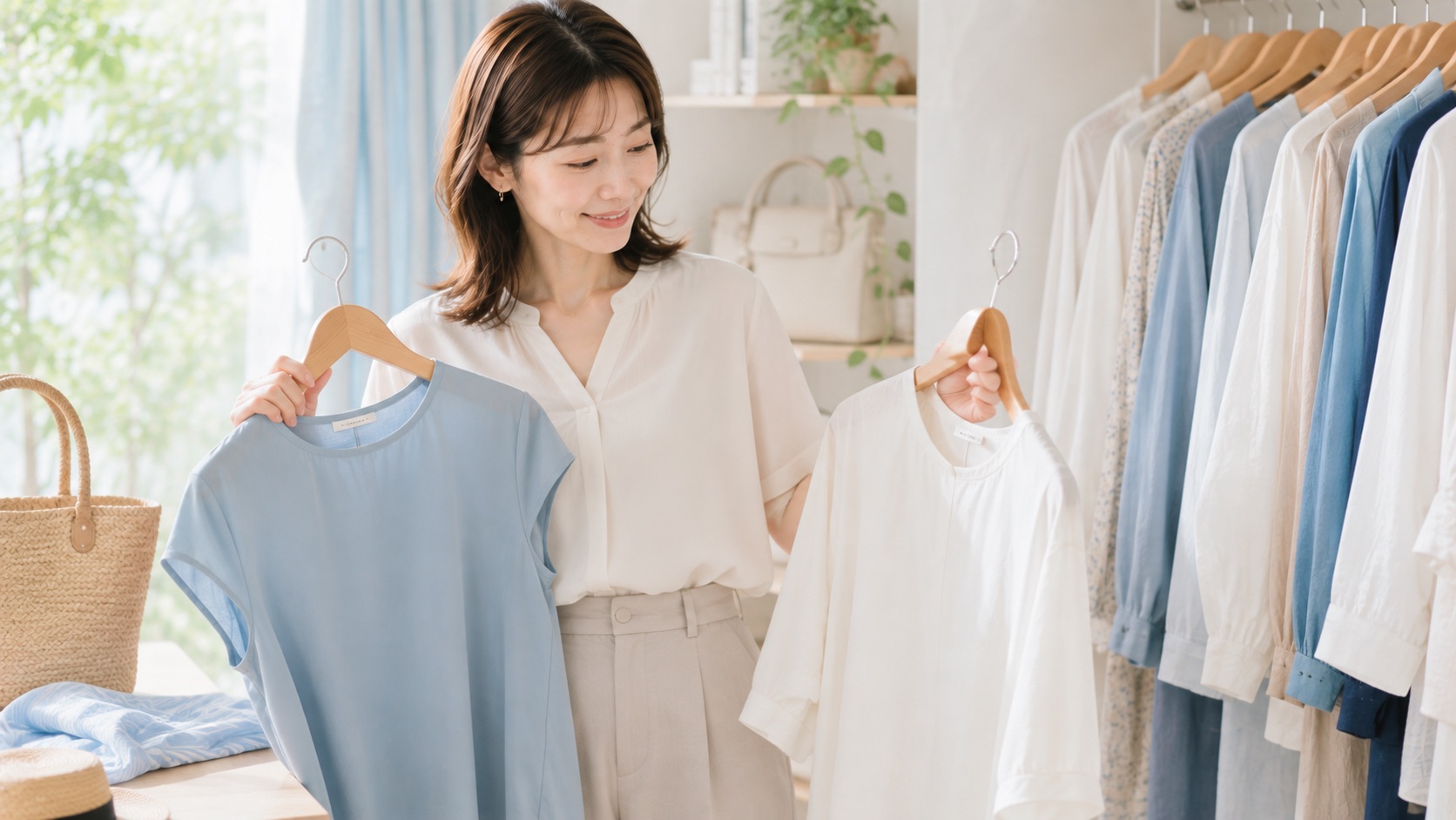 汗をかく日の服選びで素材と色を確認する女性