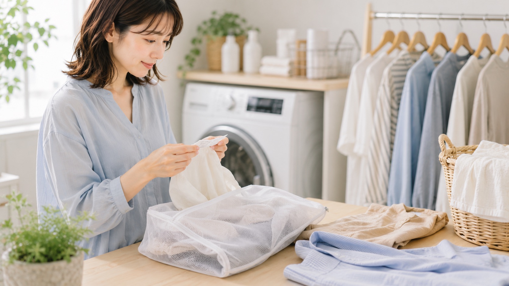 服の洗濯表示を見ながらケアする女性
