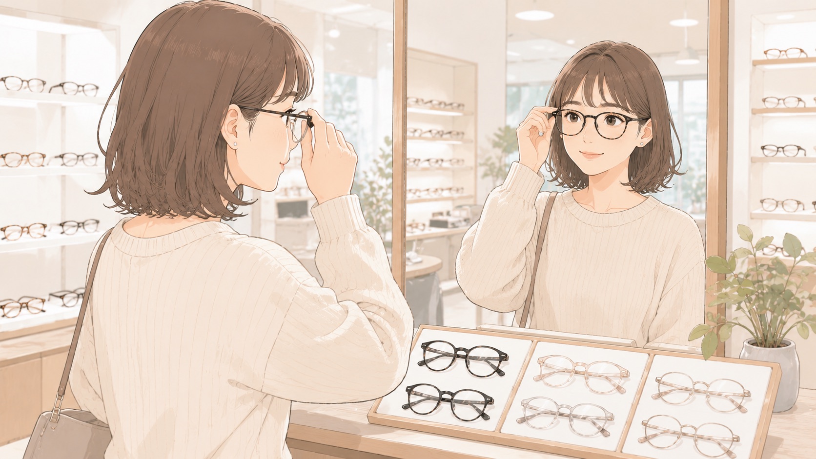 店舗で伊達メガネを比較して選ぶ女性