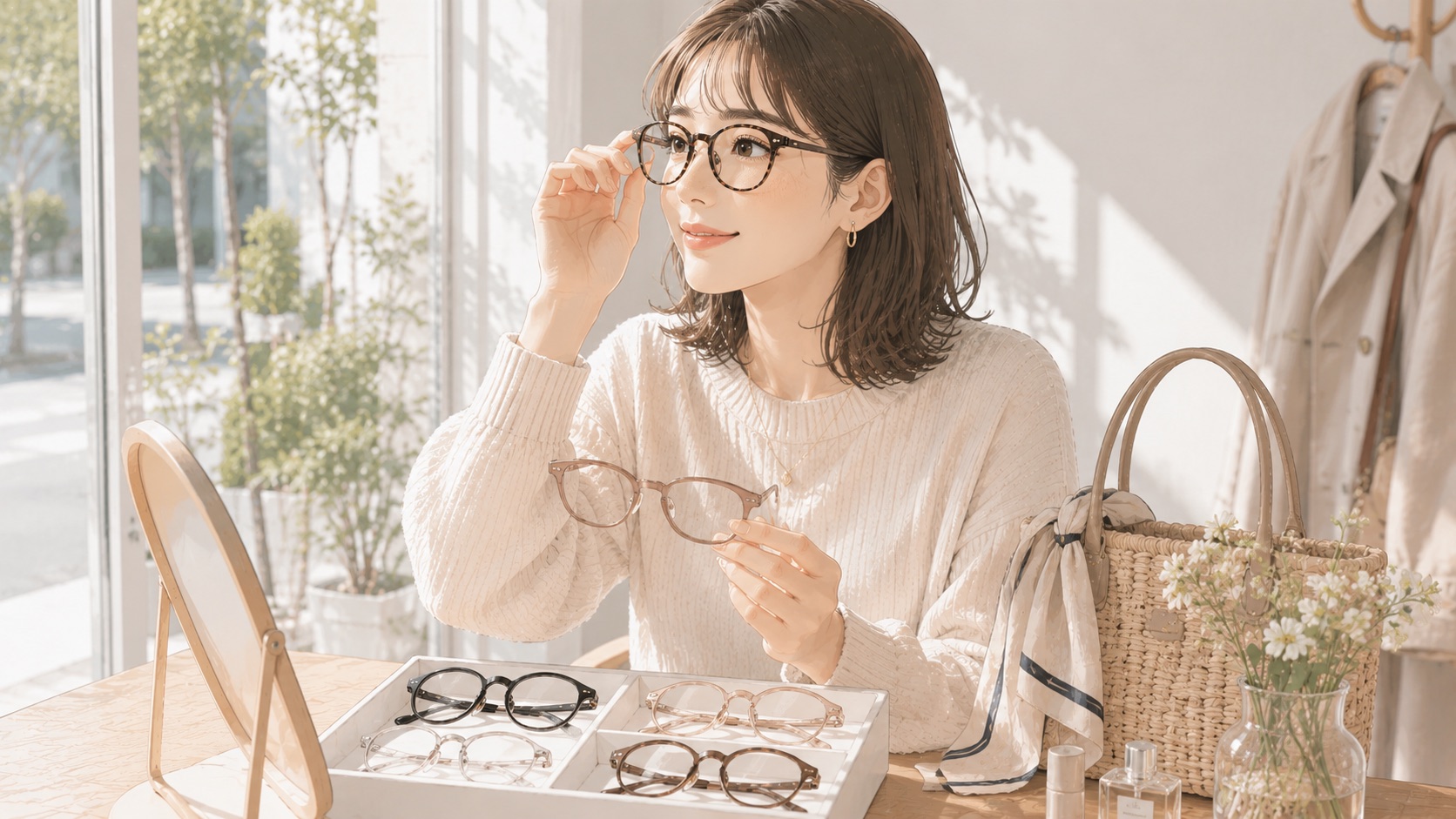 UVカットなどの機能を確認しながら伊達メガネを選ぶ女性