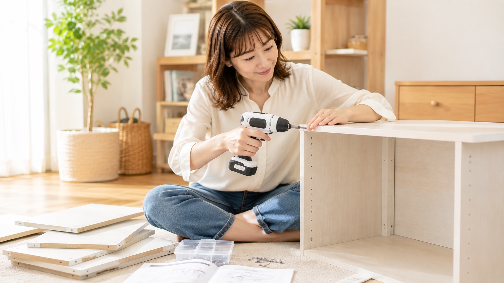 小型電動ドライバーで家具を組み立てるイメージ