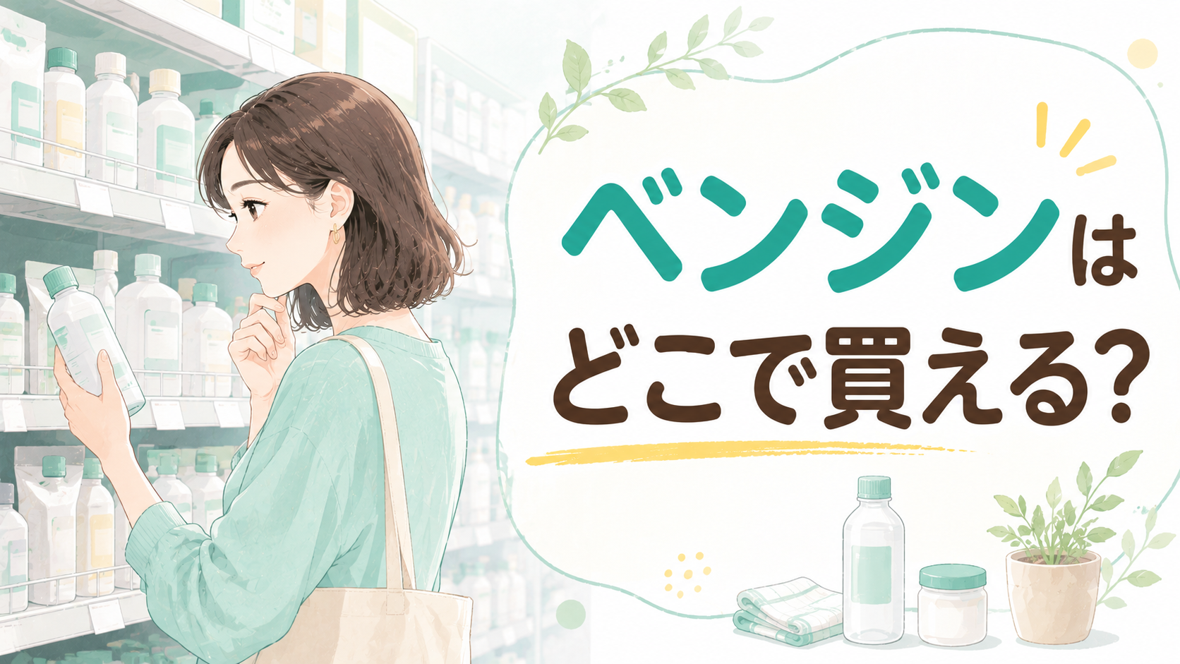 ベンジンの販売店と使い方注意を確認する女性