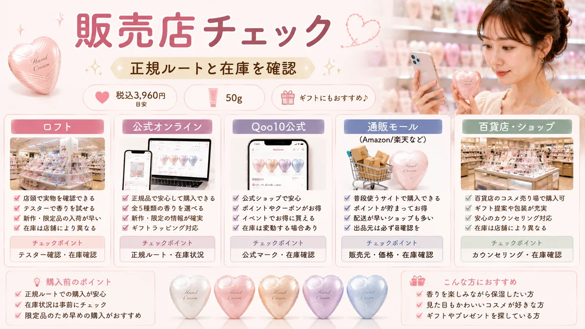 ロフトや公式通販でリファハートフレグランスハンドクリームを探す女性