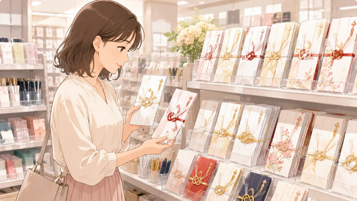 文具売り場でご祝儀袋を選ぶ女性