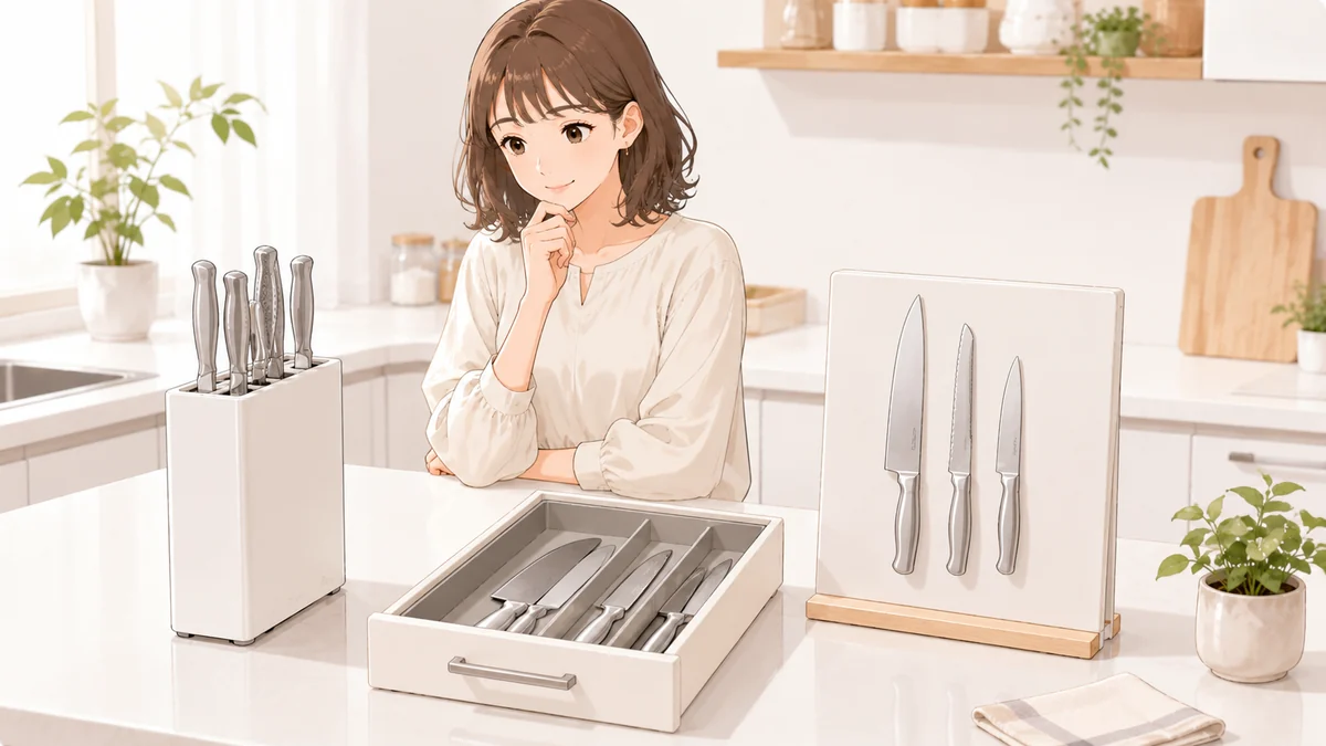 置き型とマグネット式の包丁収納を比べる女性