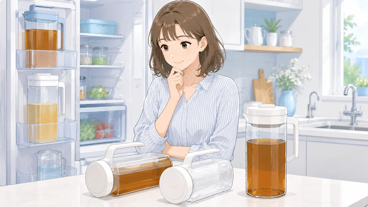 冷蔵庫のドアポケットと横置きの麦茶ポットを比べる女性