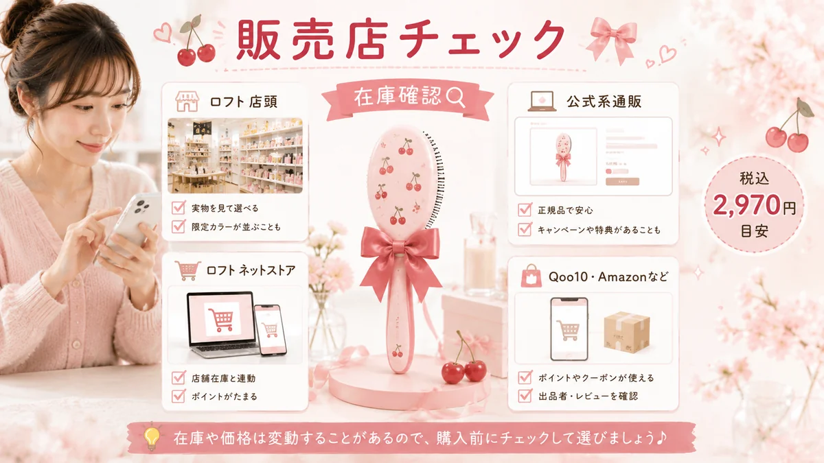 ロフトや通販でメディキューブ リボンチェリー美ツヤブラシを探す女性