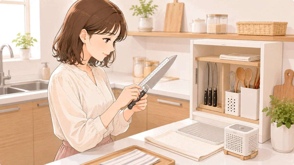 包丁のサイズと収納場所を確認する女性