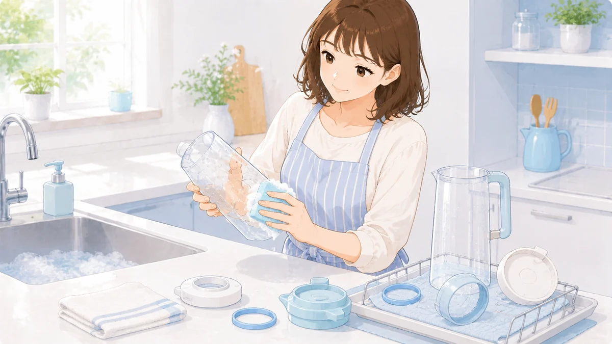 麦茶ポットのふたとパッキンを洗う女性