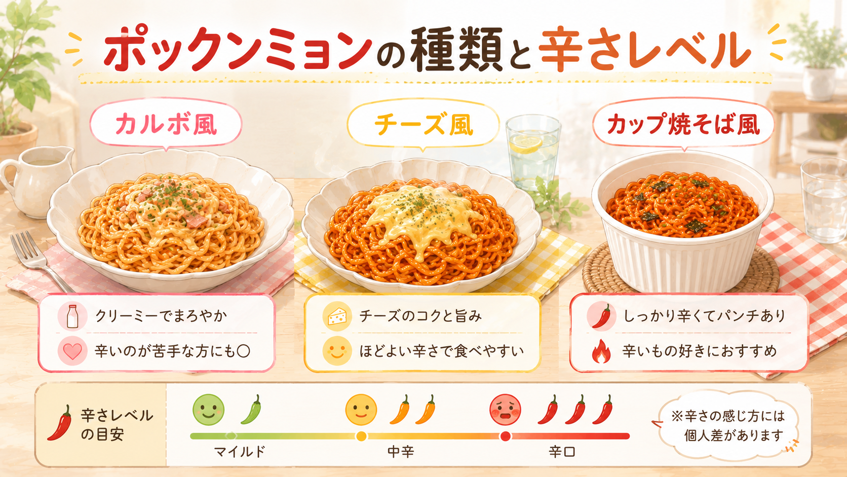 ポックンミョンの種類と辛さを比較するイメージ