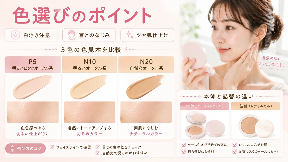 P5 N10 N20の色を比べてセザンヌ セラムクッションファンデーションを選ぶ女性