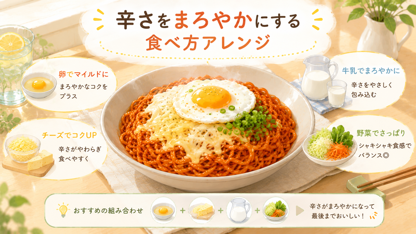 ポックンミョンを卵やチーズでアレンジするイメージ