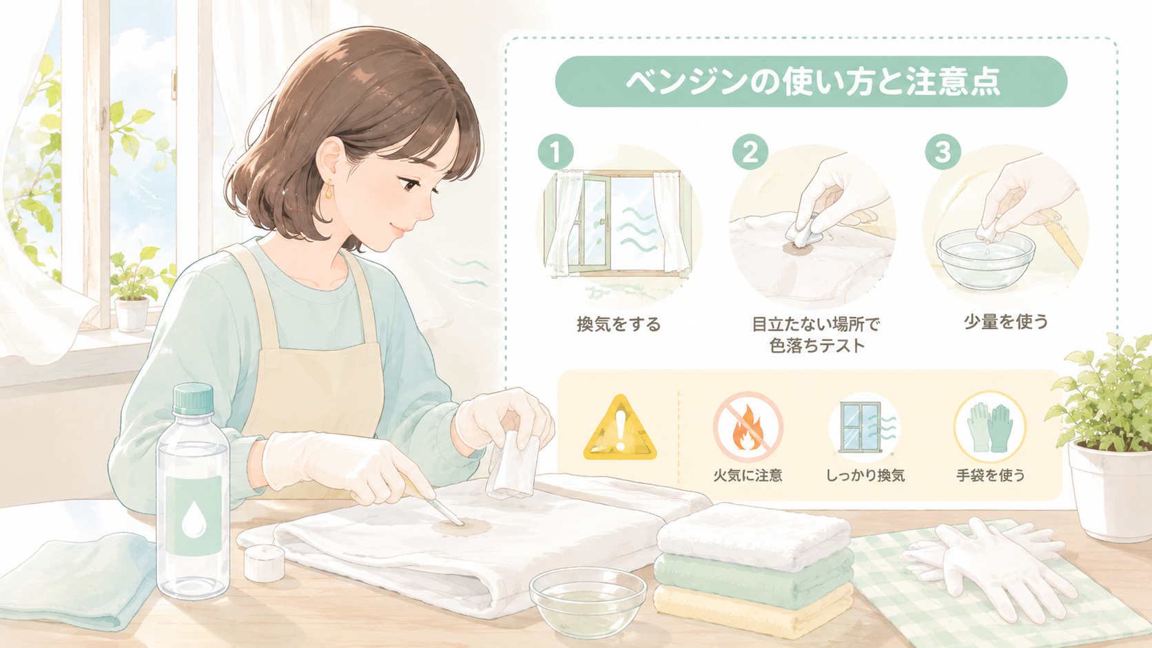 ベンジン使用時の火気厳禁と換気を確認する安全イメージ