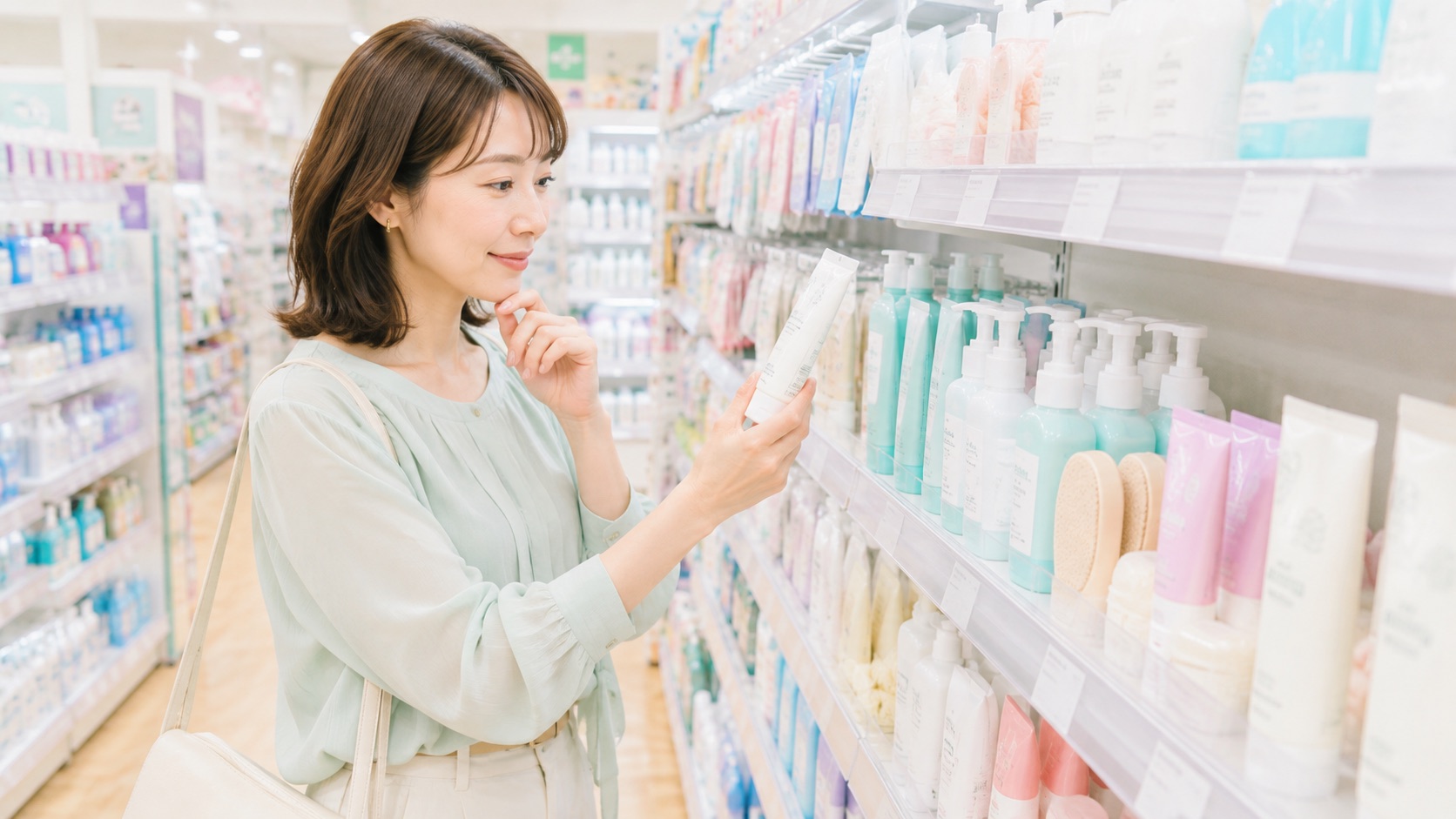 ドラッグストアでネイチャーコンクのフットケア商品を探すイメージ