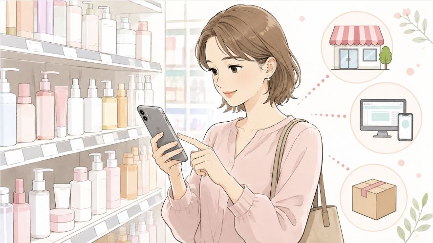 ネイチャーコンクを買える場所をスマホで確認する女性