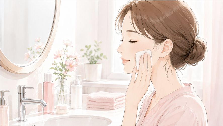 コットンで頬をやさしくふき取る女性