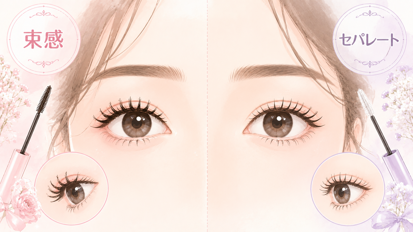 束感まつげとセパレートまつげを比較する女性の目元イラスト