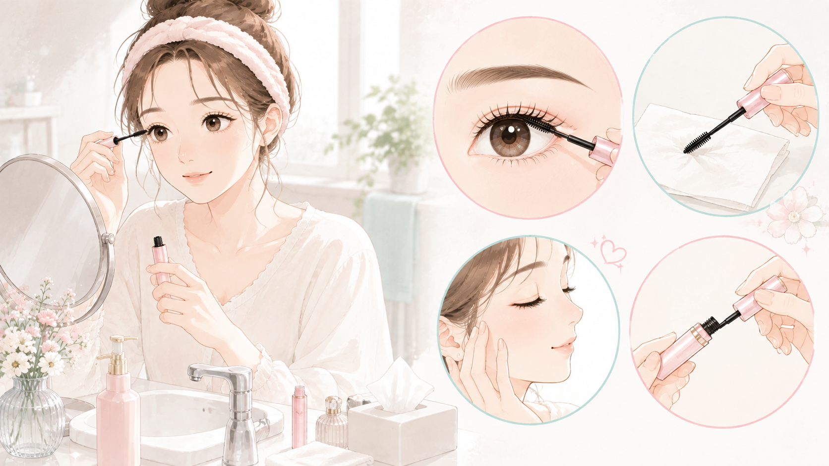 洗面台でまつげコーティングを少量ずつ塗る女性のイラスト