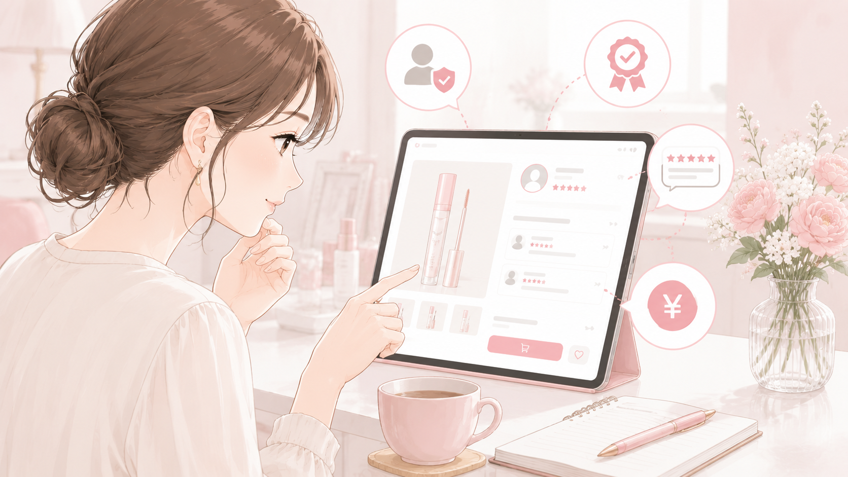 フェニックスアイを通販で買う前に出品者やレビューを確認する女性