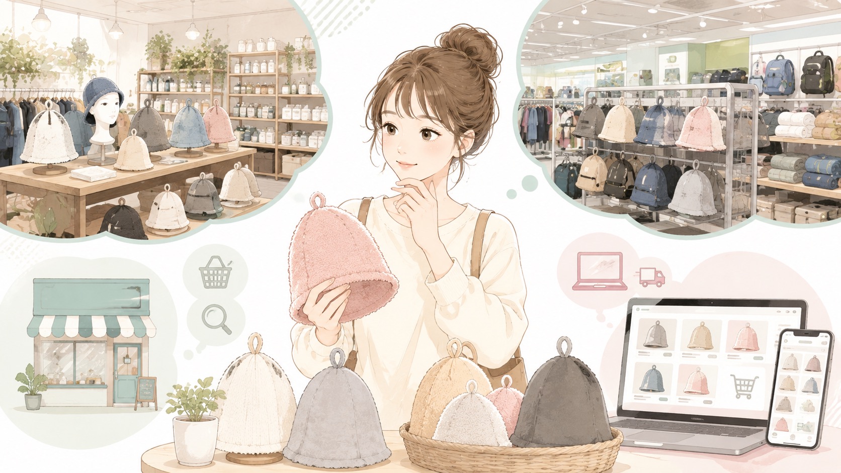 店舗と通販でサウナハットを探すイメージ