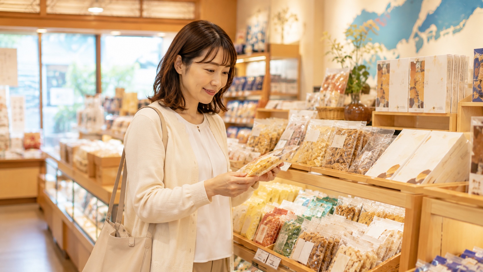 高知のお土産店で塩けんぴを選ぶイメージ