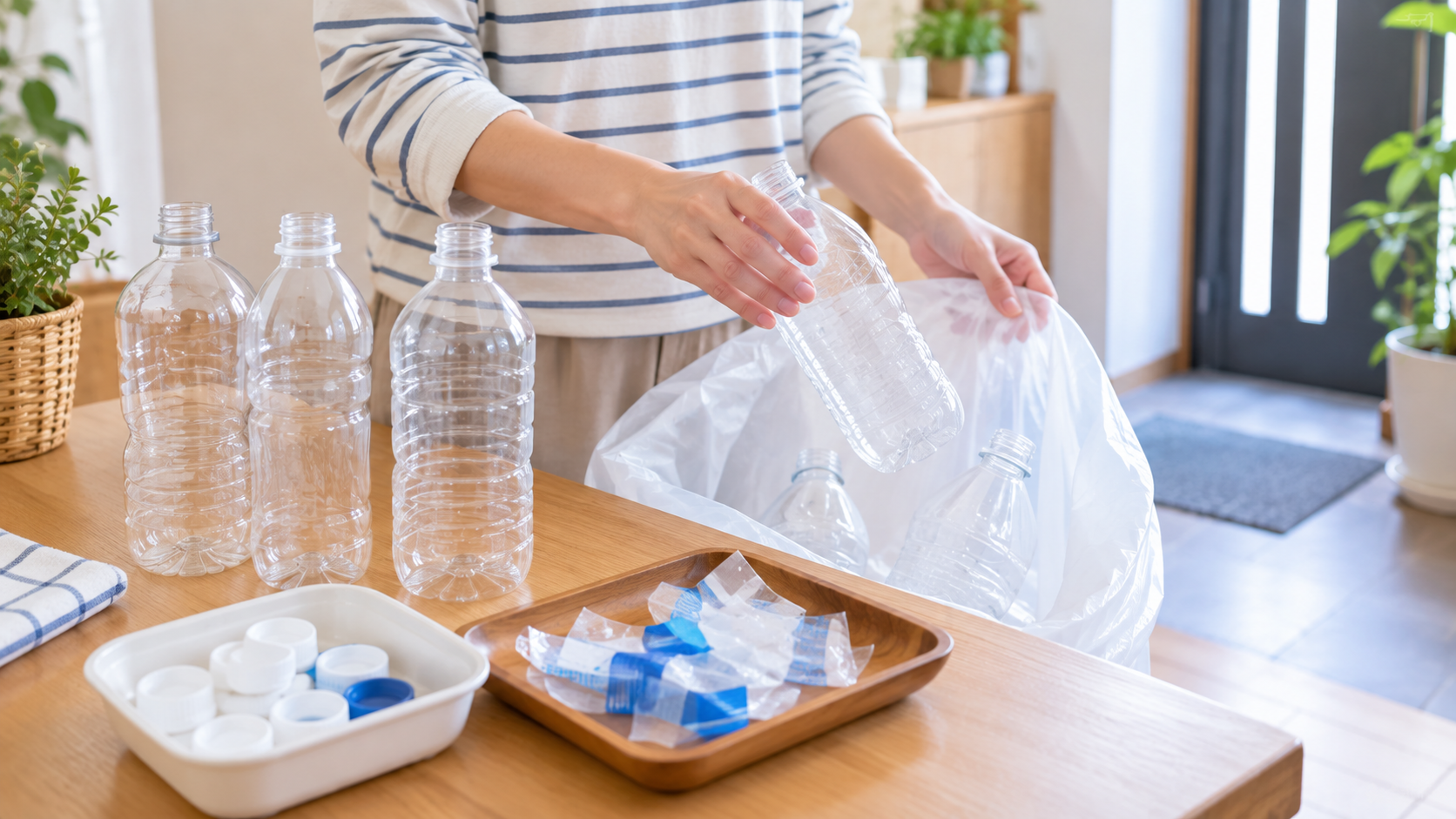 キャップとラベルを外したペットボトルを家庭で資源回収へ出す準備をする様子