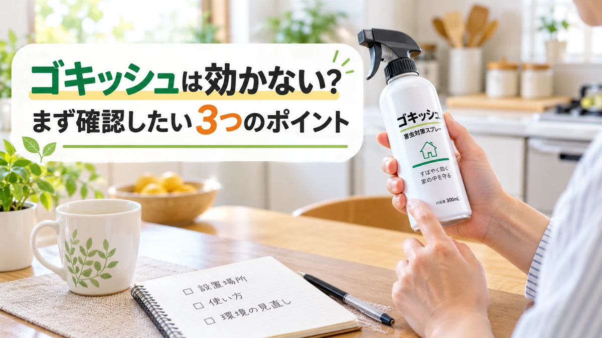 キッチンでゴキッシュの容器表示を確認し、次の対策を落ち着いて整理するイメージ