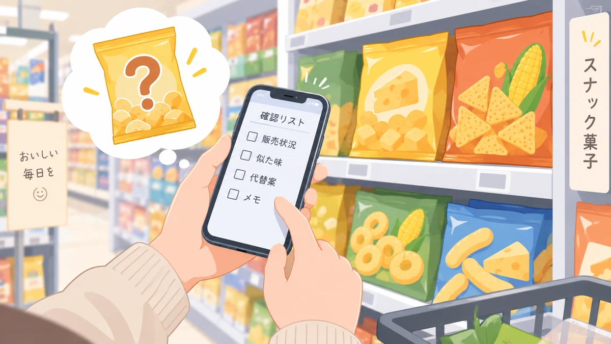お菓子売り場でスナックの販売状況と似た味の候補を確認するイメージ
