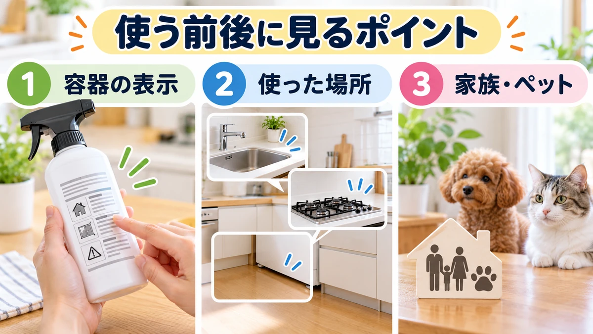 容器の表示、使った場所、家族やペットへの配慮を確認するチェック図
