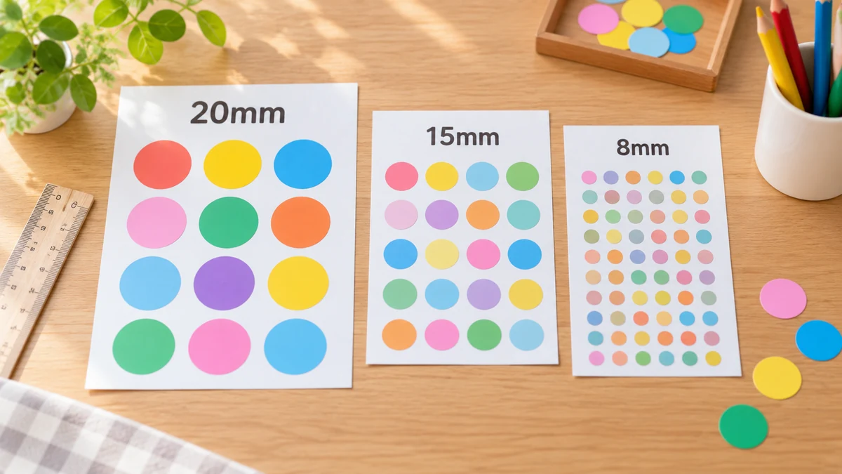 20mm、15mm、8mmの丸シール台紙を比べるイメージ