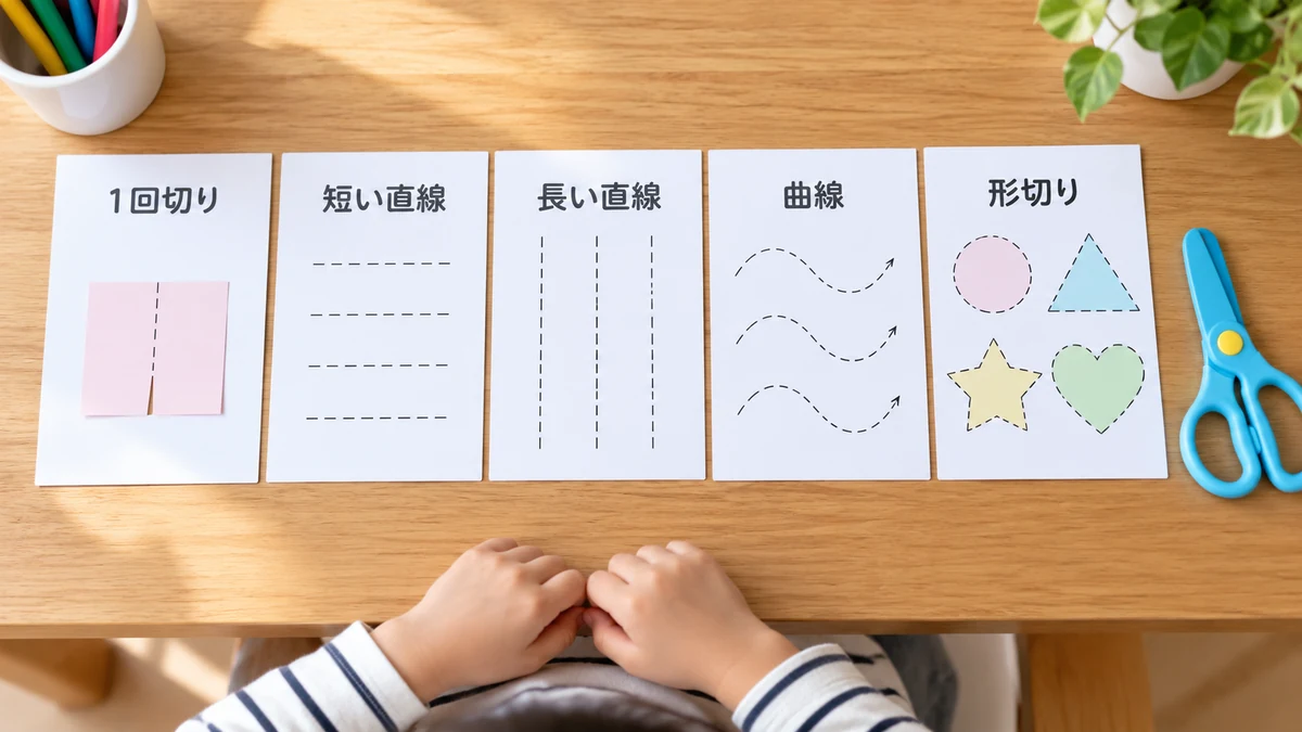 1回切り、直線、曲線、形切りの練習プリントを並べたイメージ