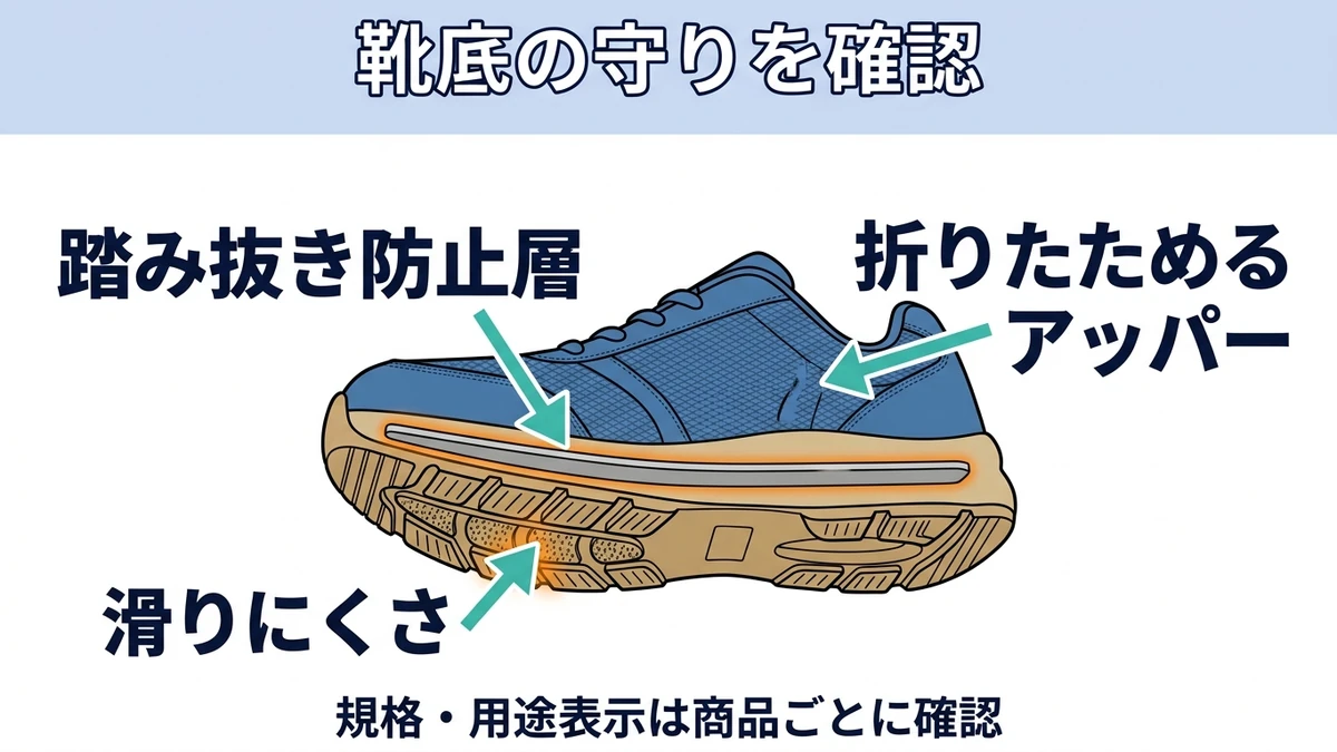 踏み抜き対策は、規格名だけでなく商品ごとの表示を見るの図解