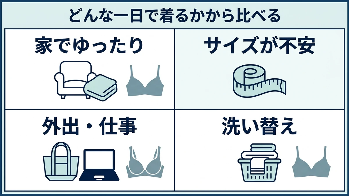 ワイヤレスブラを着る場面別の比較図