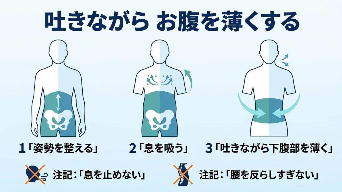 ドローインの呼吸と姿勢の基本手順図