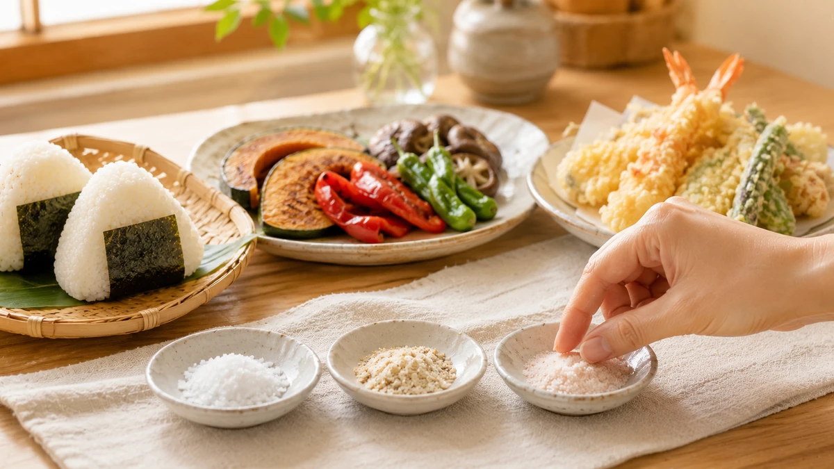 おにぎりや料理に合わせてろく助の塩を選ぶ手元