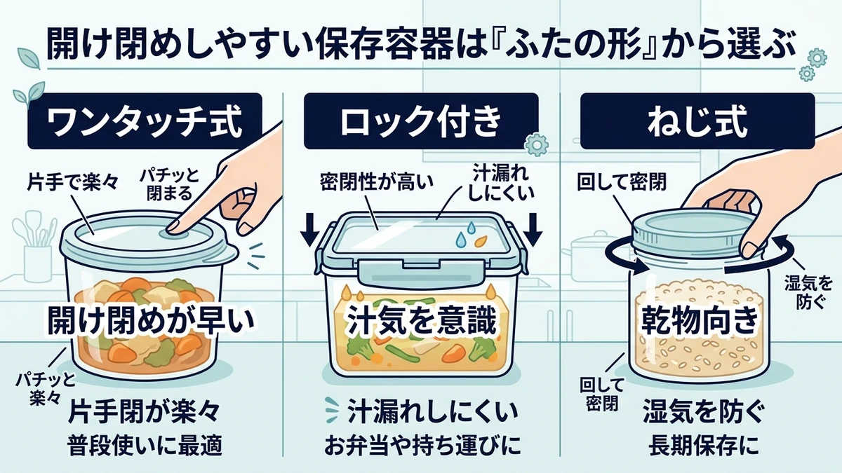 保存容器のふたの形と向く中身を比べる図解