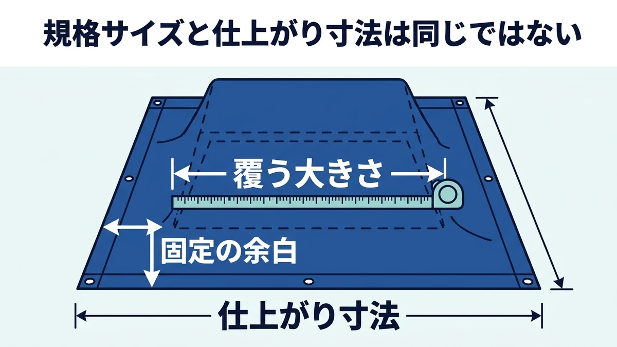 ブルーシートの寸法と固定の余白を示す図解