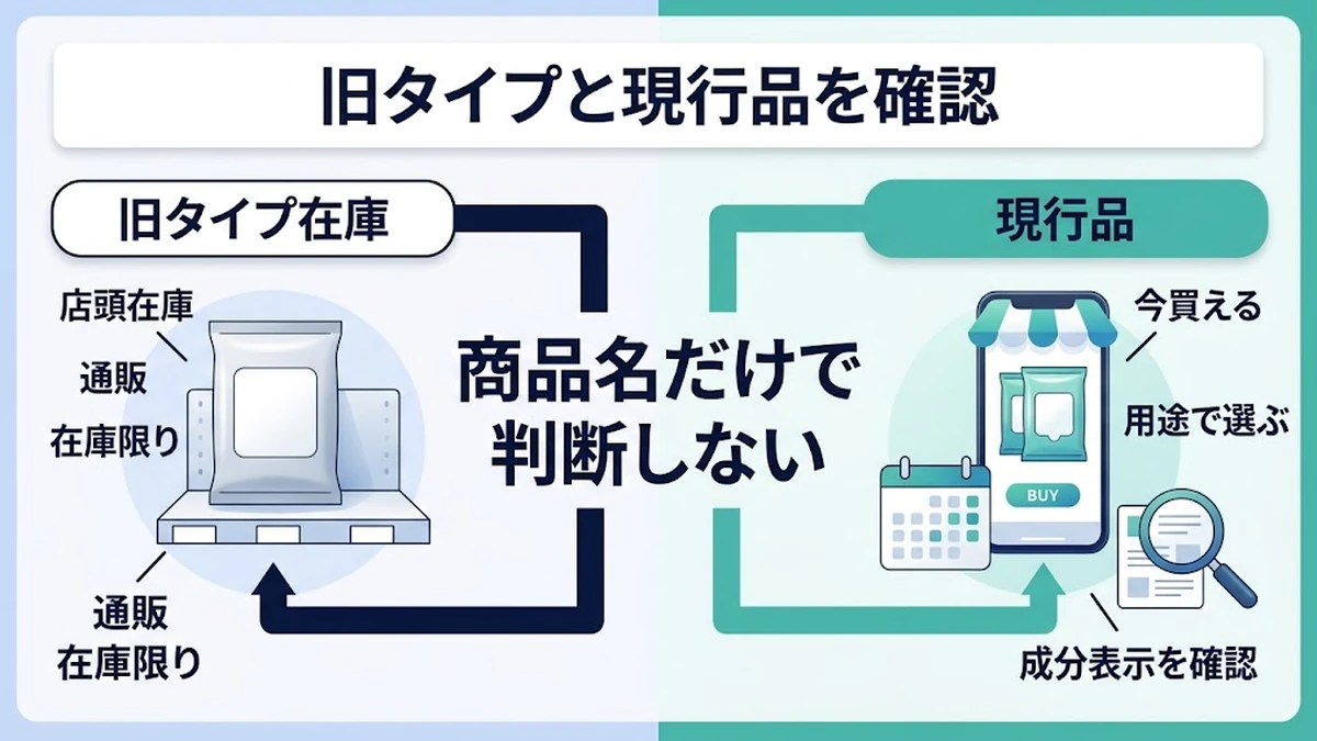 旧タイプ在庫と現行品を混同しない確認ポイントの図解