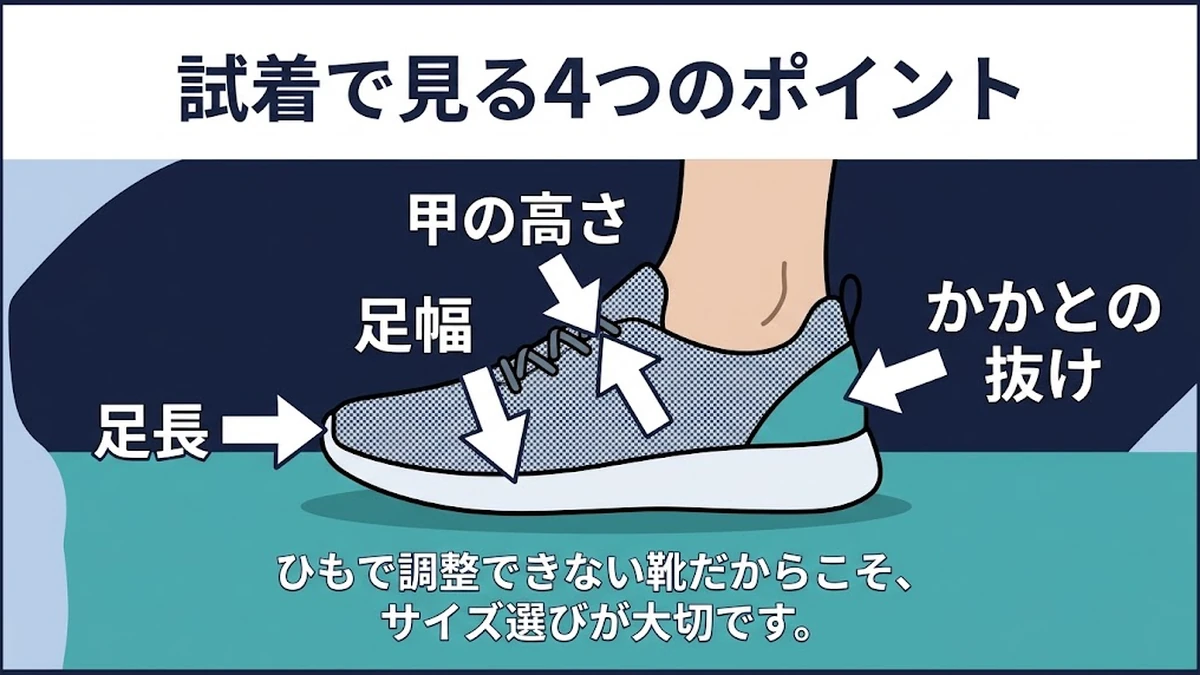 編み込みスニーカーの足長、足幅、甲、かかとの確認ポイント図解