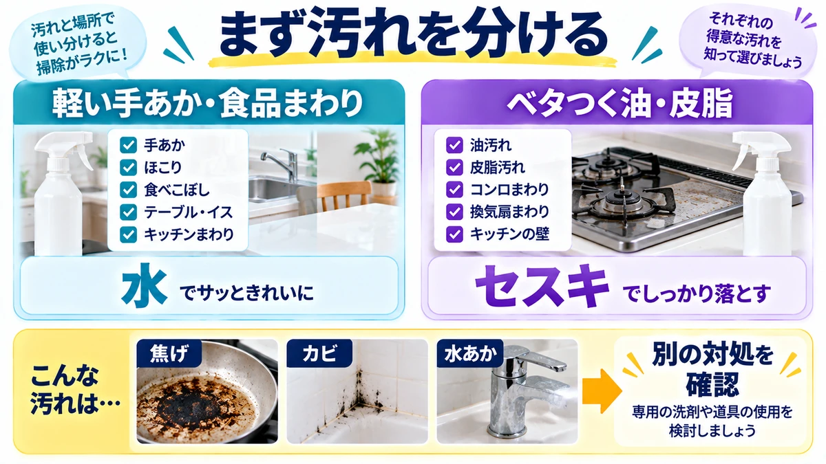 軽い汚れ、油、焦げ、カビ、水あかを分ける掃除の選択図