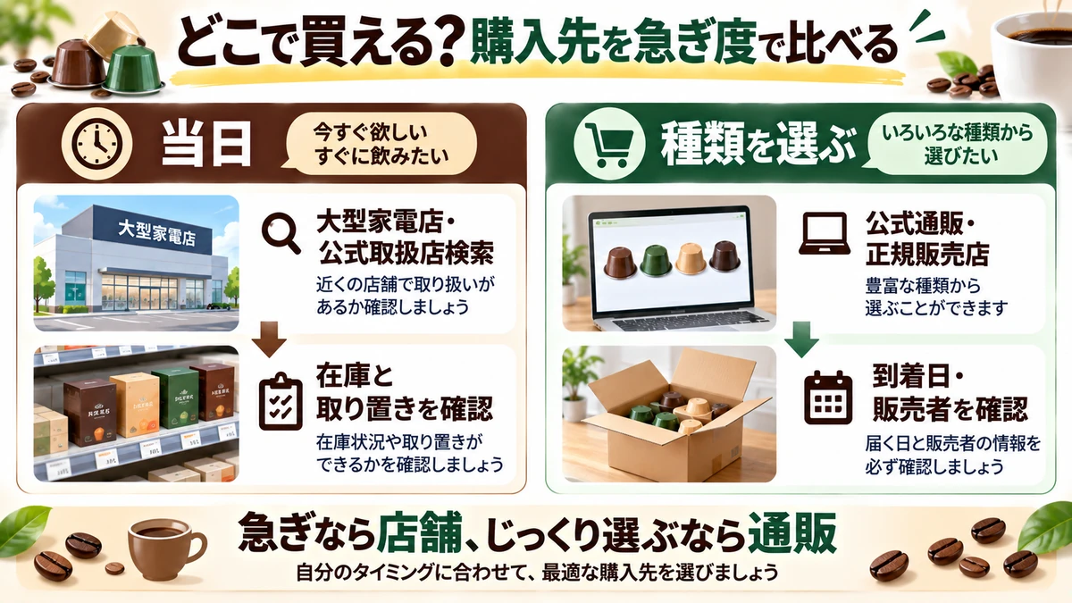 ドルチェグスト用カプセルの店頭購入と通販購入を比べる図解