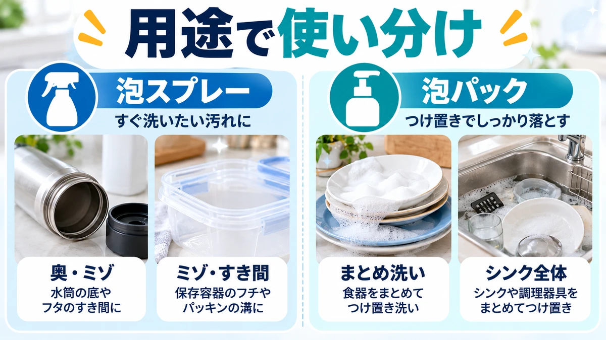 泡スプレーと泡パックを用途で使い分ける図解