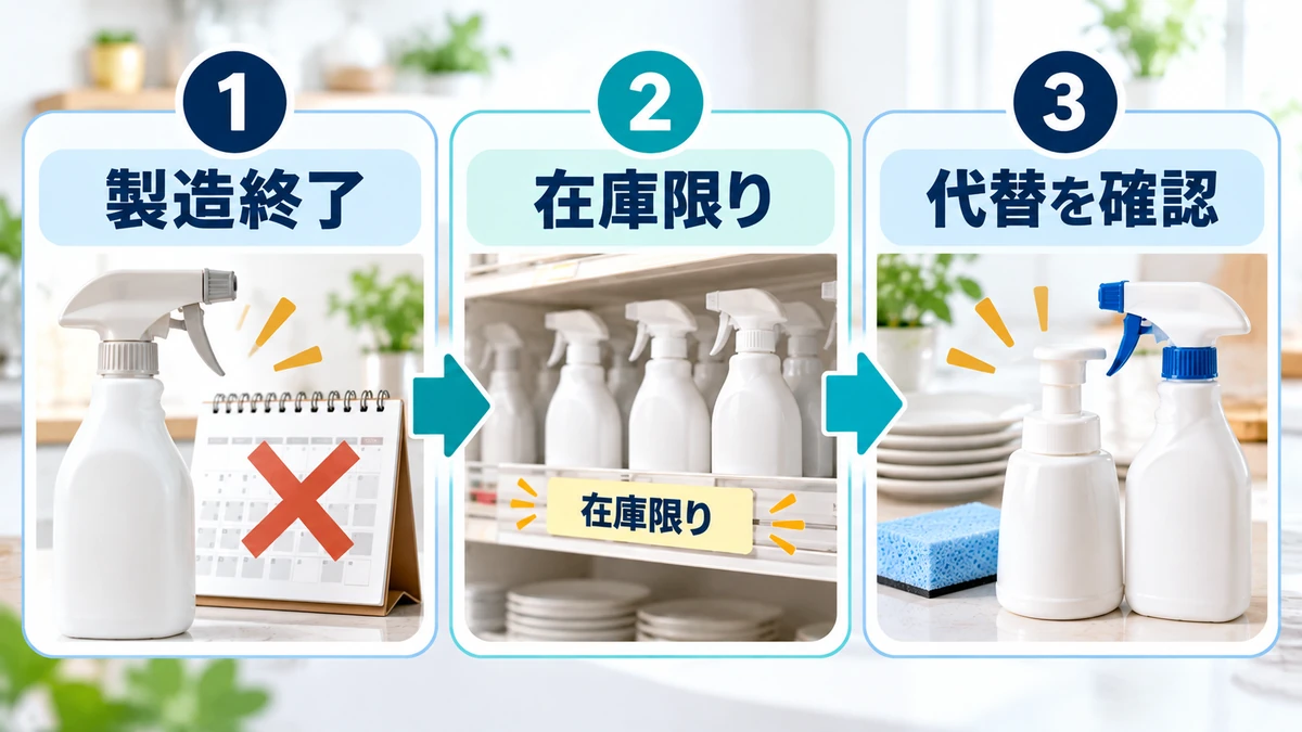 あとラクミストの製造終了と在庫限り、代替確認を示す図解